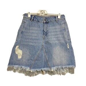 ALLSAINTS Distressed Denim Mini Skirt Blue Frayed Hem Ripped Button Fly‎ Size 6